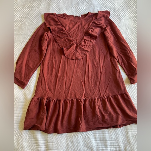 Mango - Ruffled Drop Waist - Rust Red / Maroon Dress - Picture 2 of 10